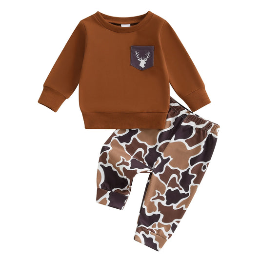 Baby Boy Fall Outfit Long Sleeve Sweatshirt and Elastic Camouflage Print Pants 2 Piece Clothes for Toddler