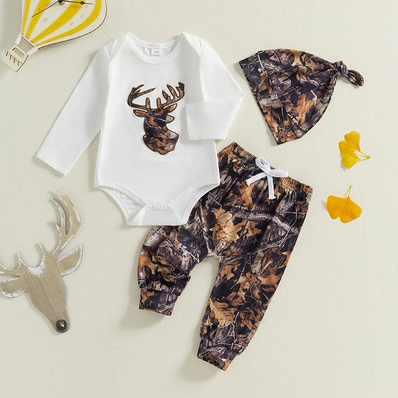 Baby Boys Clothes Set Long Sleeve Crew Neck Letters Print Romper with Cow Cactus Print Sweatpants and Hat Outfit