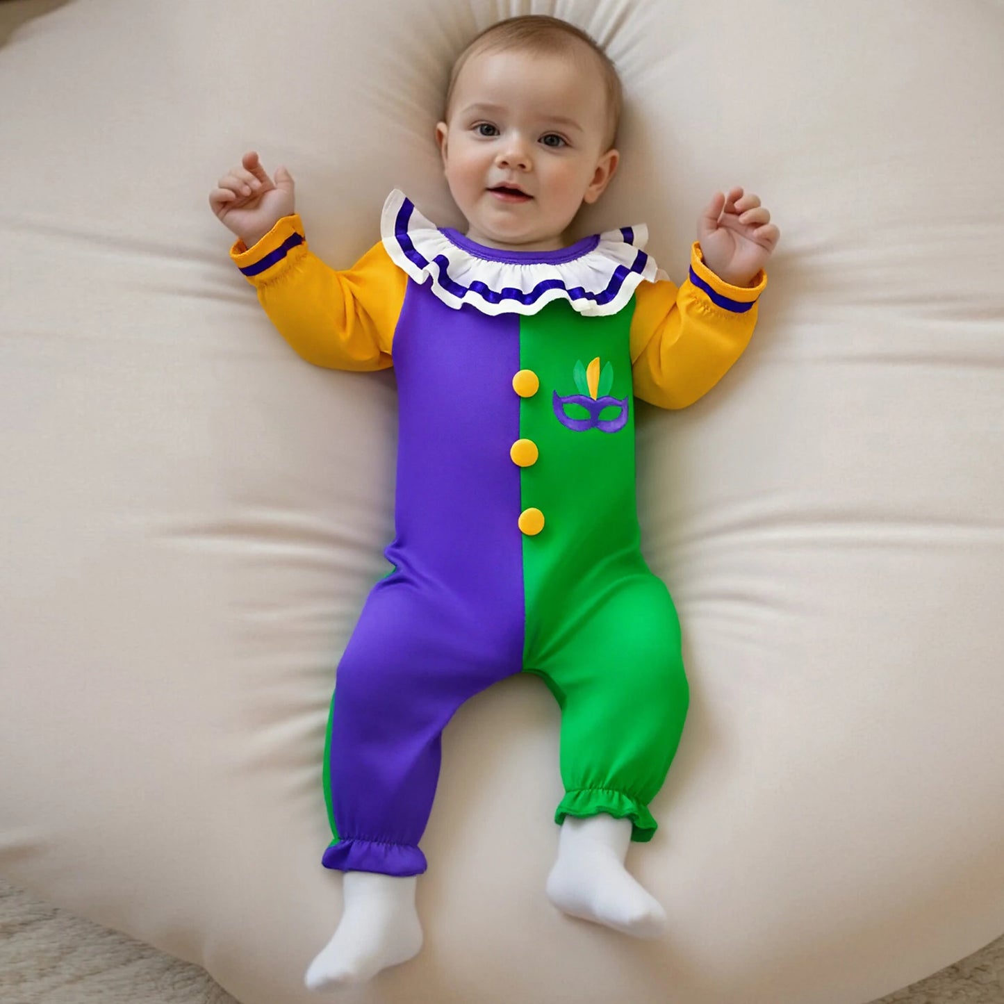 Mardi Gras Themed Romper Contrast Color Ruffled Neckline Long Sleeve Facewear Print Jumpsuit