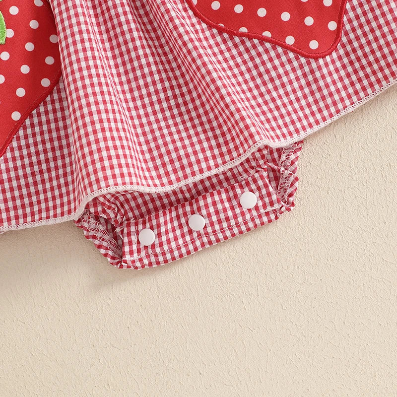 Baby Girl Plaid Romper Dress Strawberry Smocked Fly Sleeve Bodysuit with Headband 2Pcs Summer Outfit