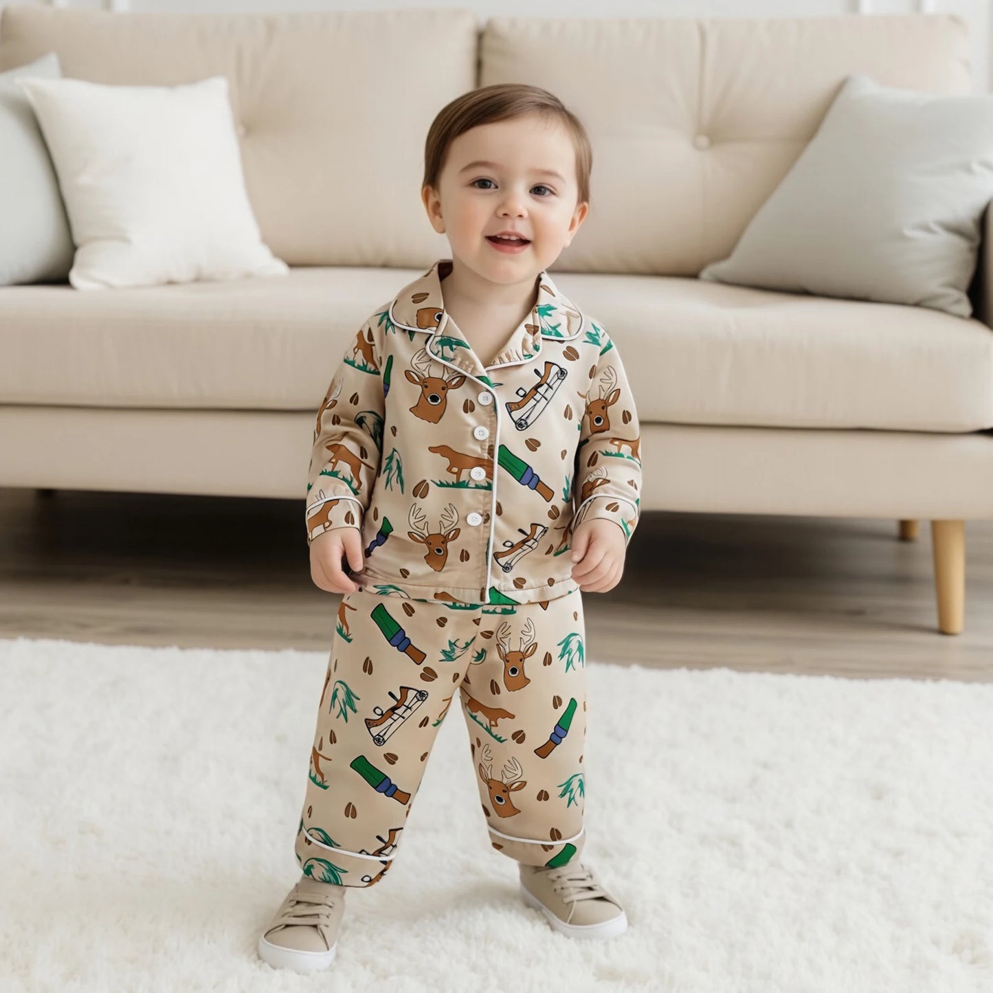2Pcs Hunting Pajamas Sets for Toddler Boy Long Sleeve Button Down Lapel V Neck Tops with Elastic Waist Pants Nightwear
