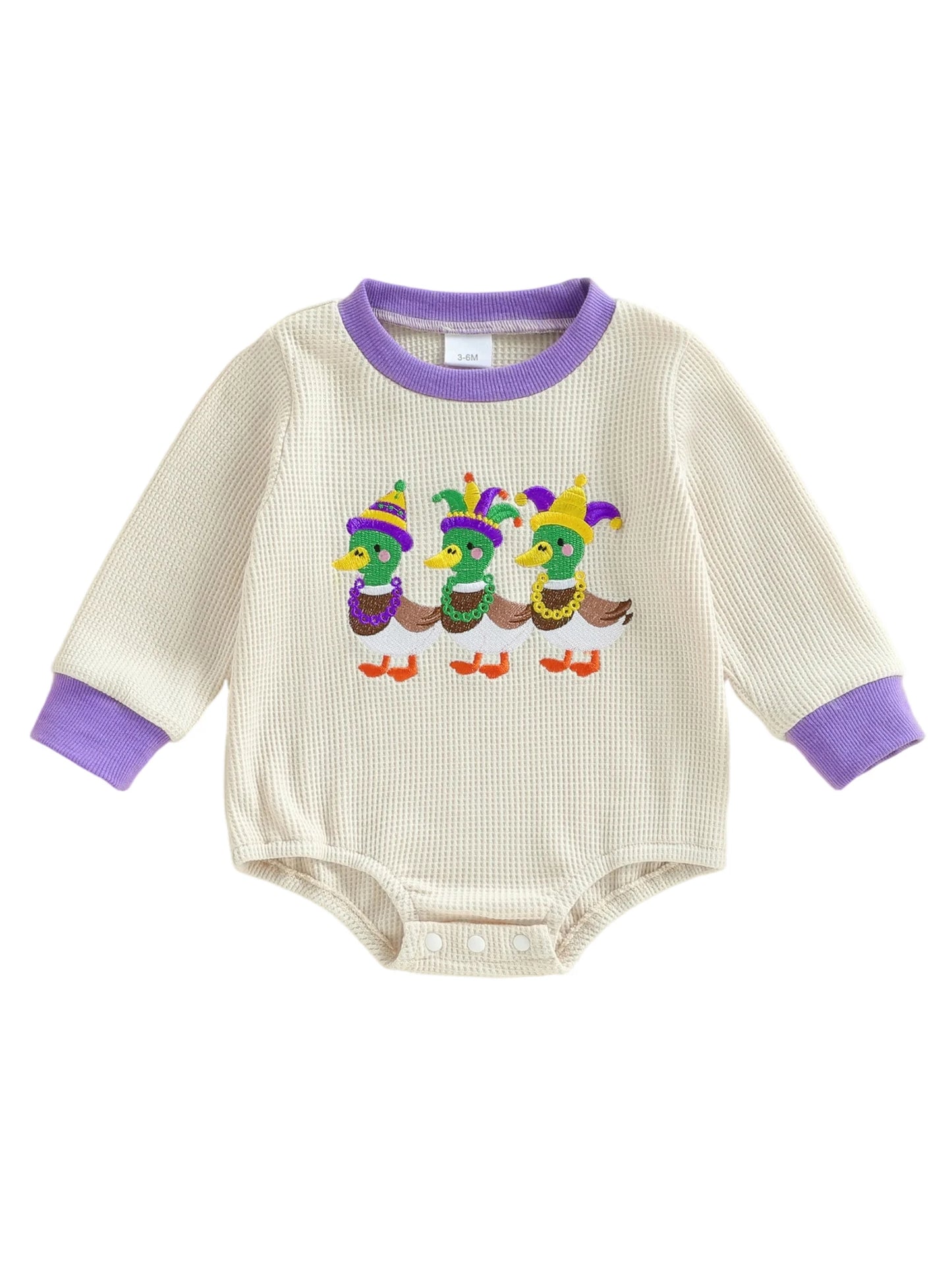 Embroidery Mardi Gras jumpsuit Infant Long Sleeve Crewneck Duck Embroidery Mardi Gras Romper