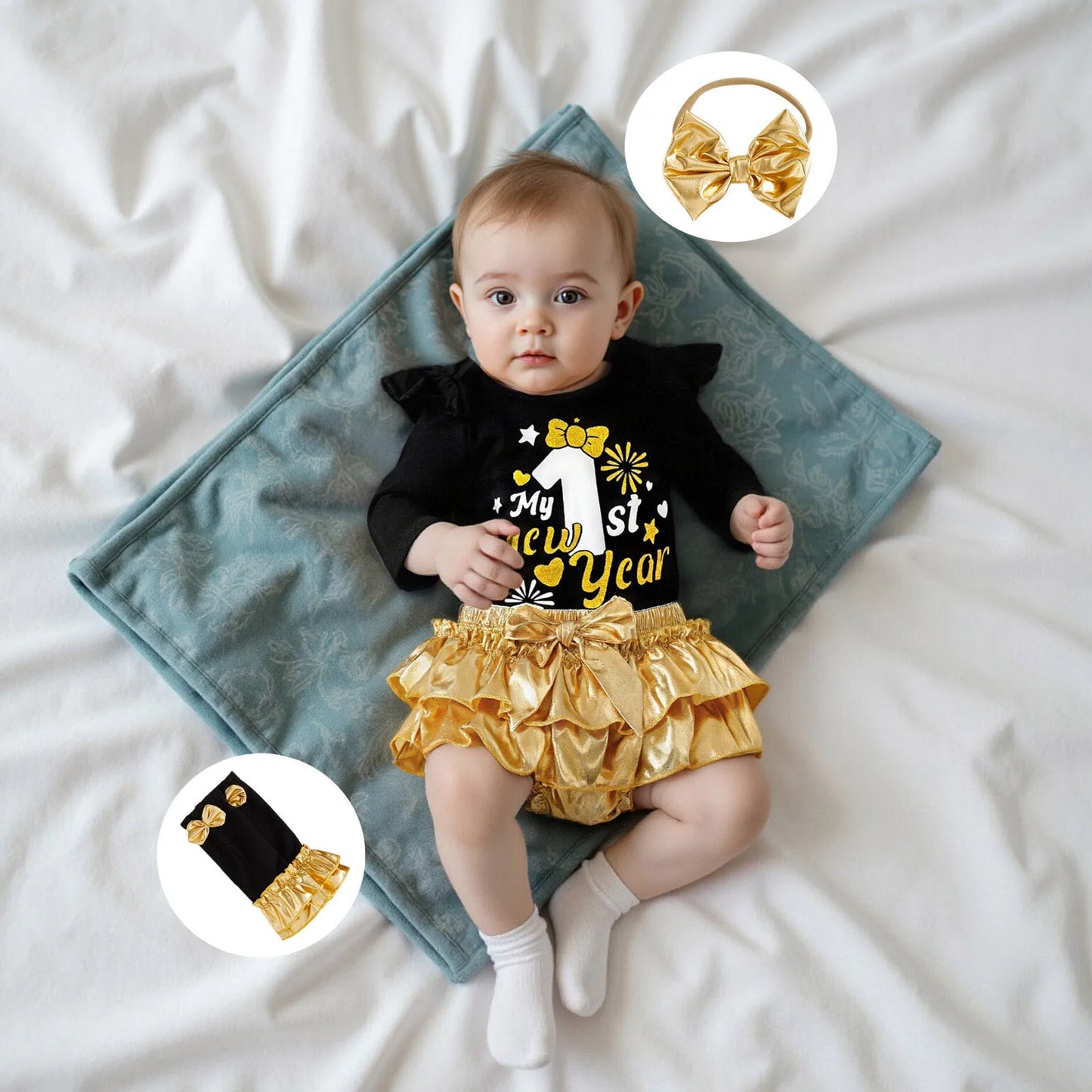 Baby Girl New Year Outfits Letter Long Sleeve Romper Metallic Luster Tiered Shorts Bow Headband Leg Warmer