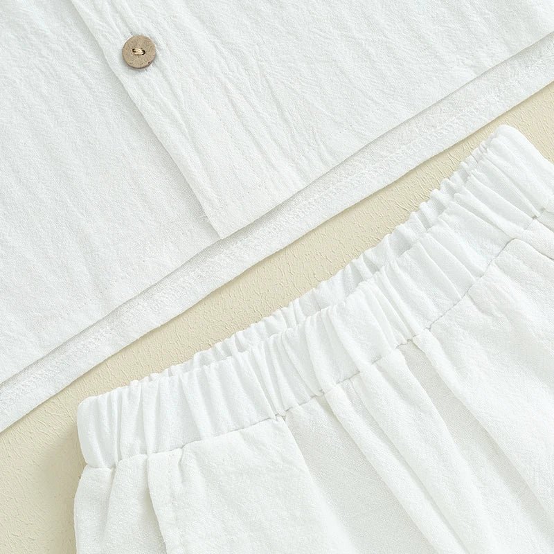 Kids Boys Summer Linen Outfits Solid Color Buttons Short Sleeve Tops and Elastic Waist Shorts 2Pcs Clothes Set