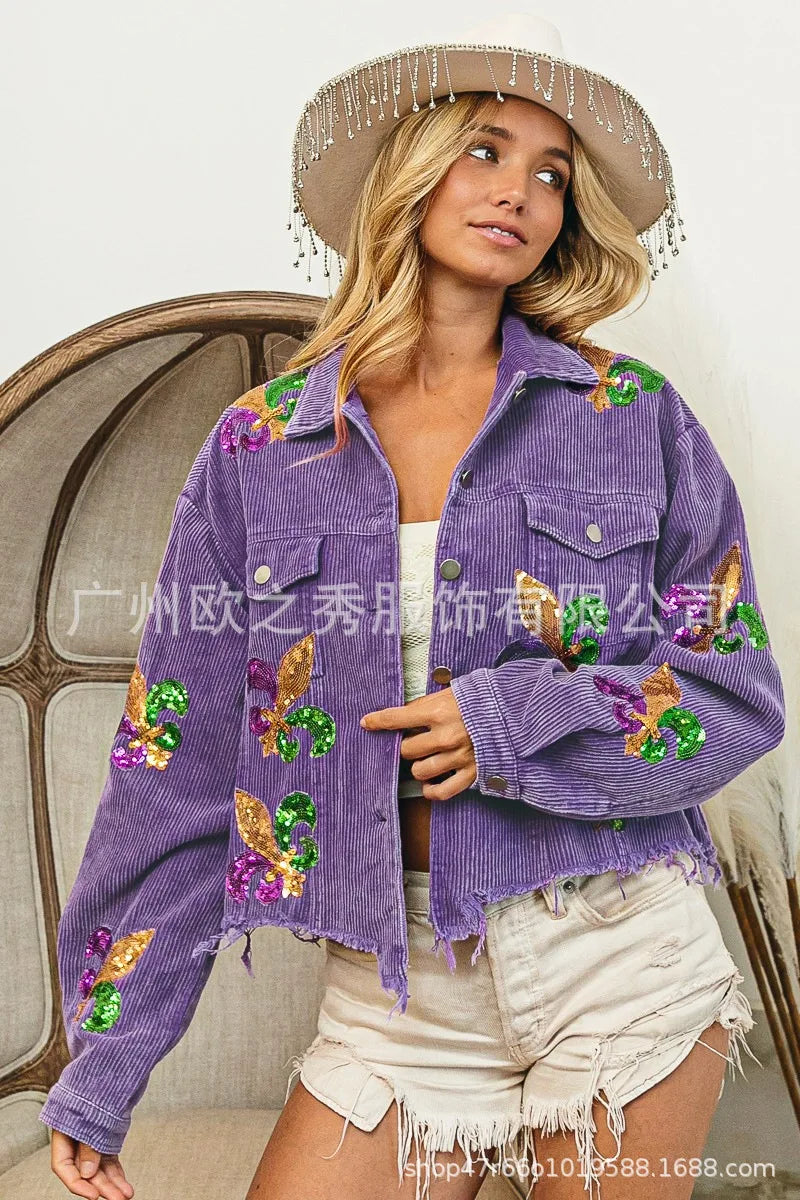 Corduroy Women Mardi Gras Jacket Iris Glitter Cardigan Purple Lapels Single Breasted Spliced Women's Coat Jackets