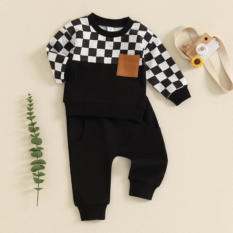 Toddler Boy Fall Clothes Checkerboard Print Long Sleeve Pocket Sweatshirt with Solid Color Pants 2Pcs Outfits
