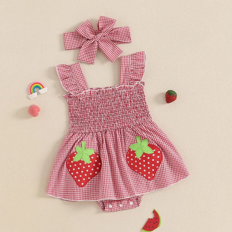 Baby Girl Plaid Romper Dress Strawberry Smocked Fly Sleeve Bodysuit with Headband 2Pcs Summer Outfit