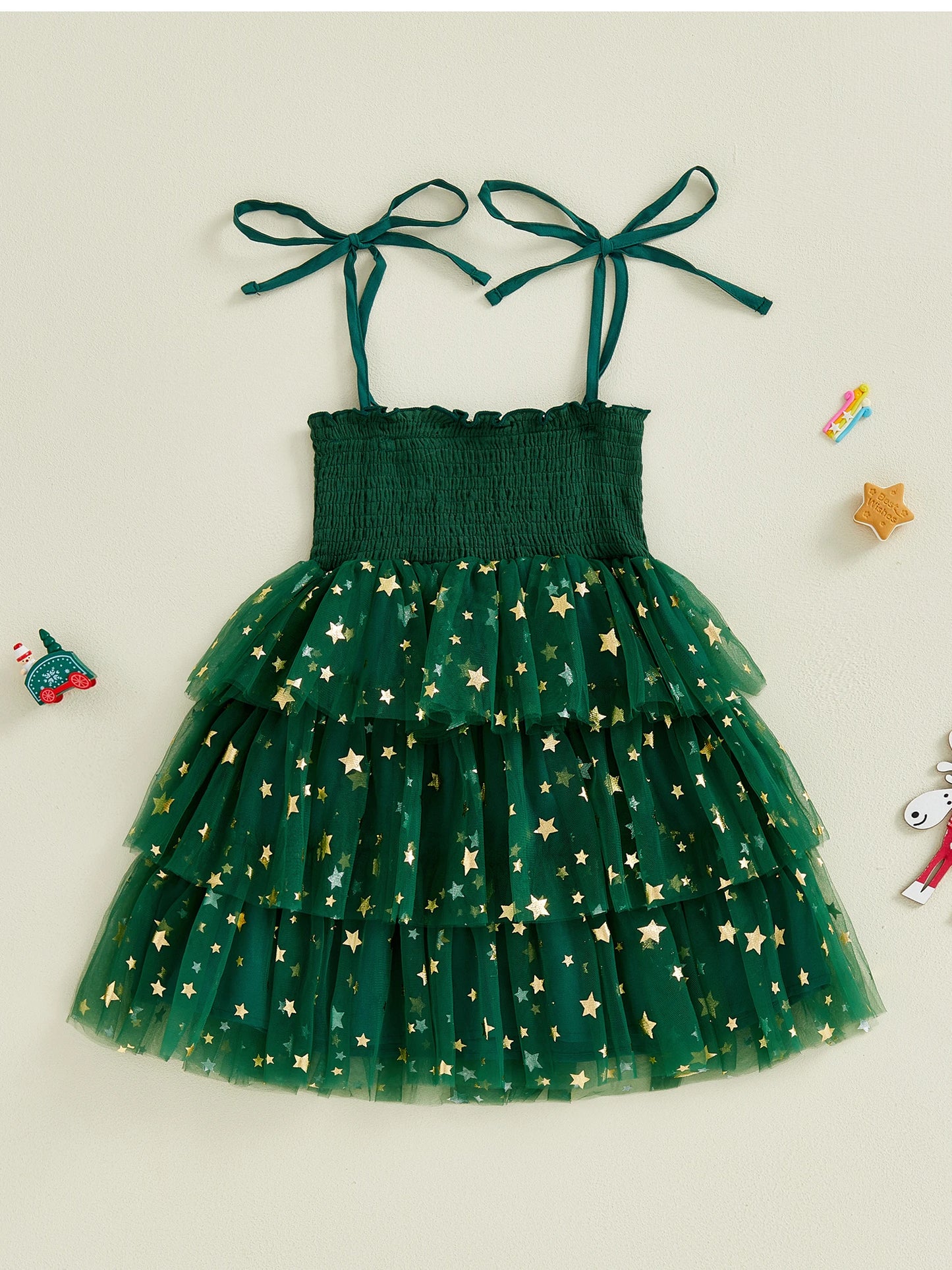 Toddler Girl Christmas A Line Dress Star Print Sleeveless Tie-up Strap Smocked Tulle Cake Dress