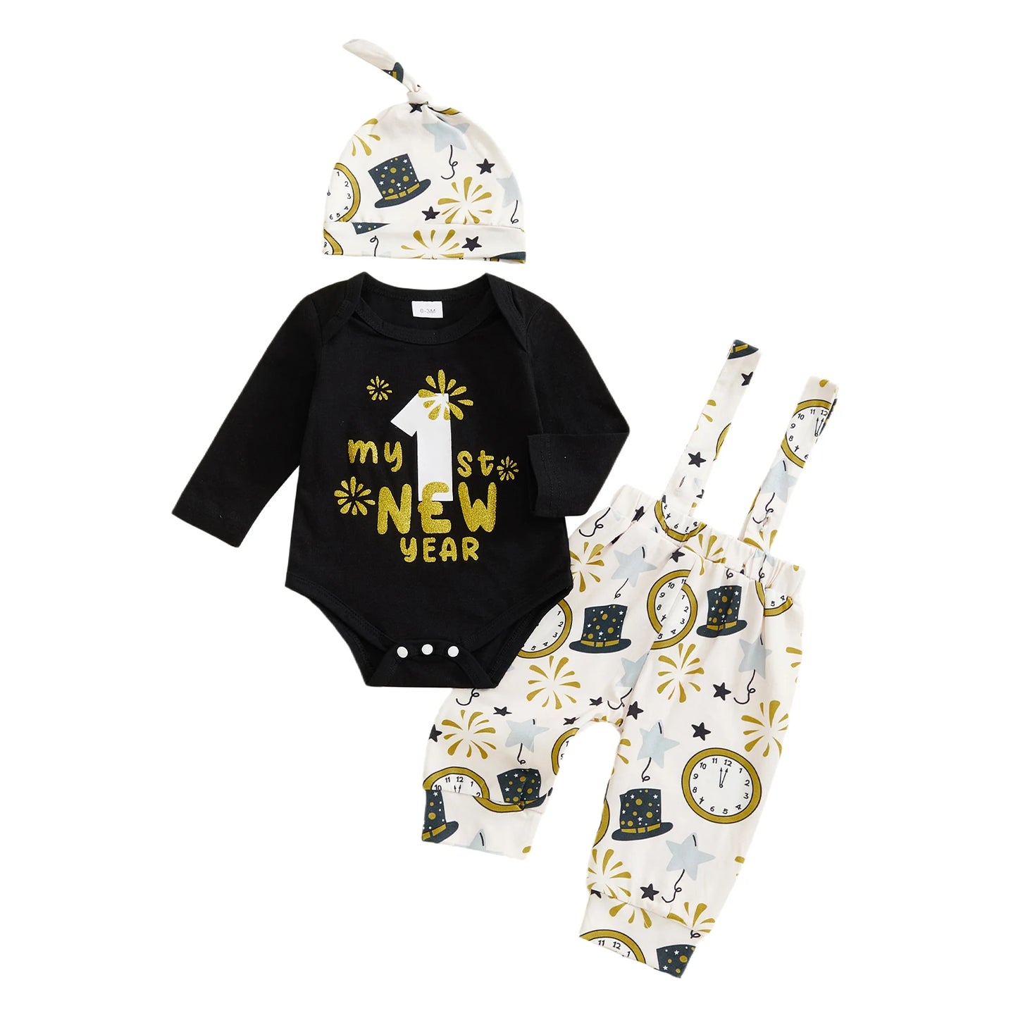 Baby Boy Outfit Long Sleeve Letters Print Romper with Firework Overall Pants and Hat New Year Infant Outfit