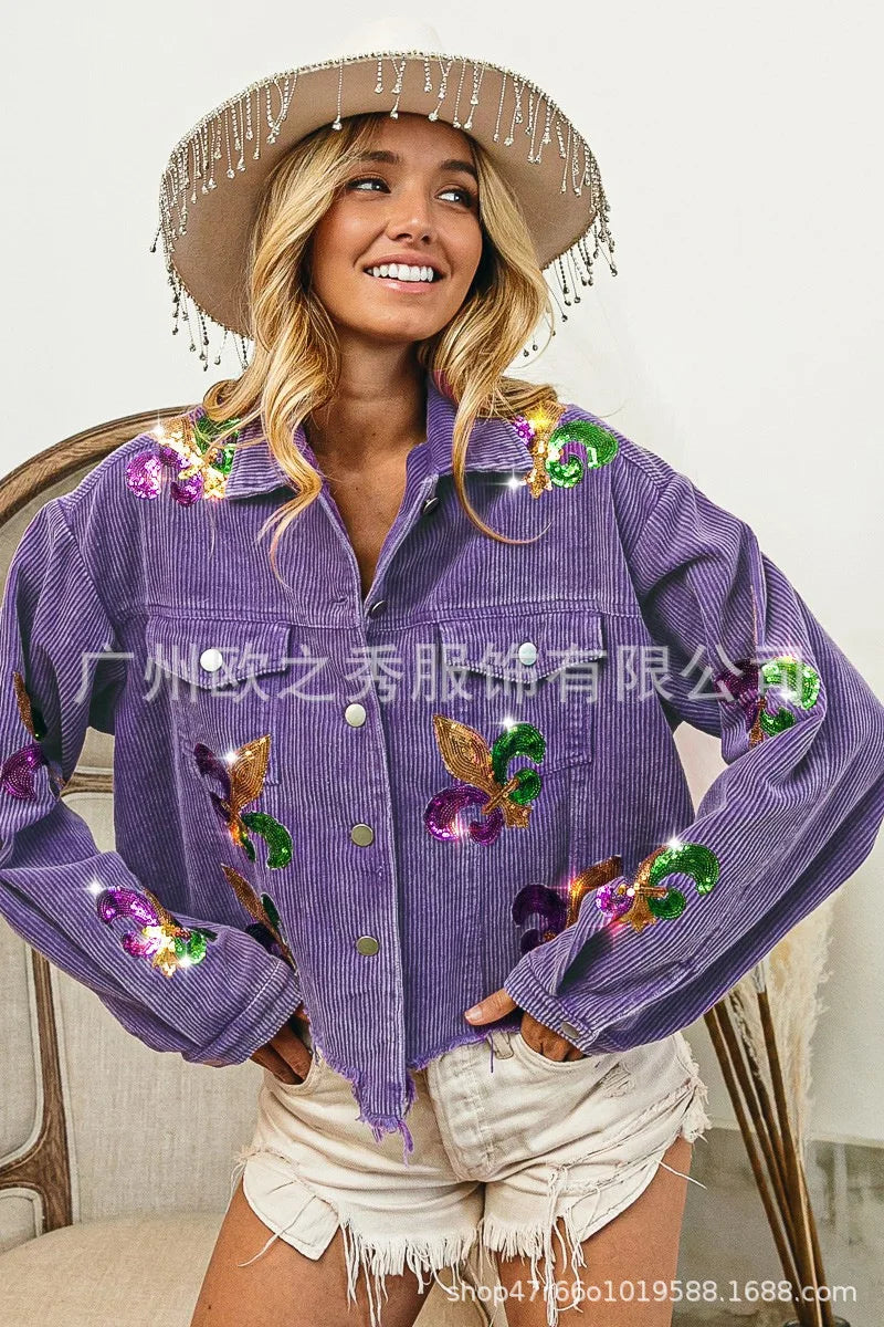 Corduroy Women Mardi Gras Jacket Iris Glitter Cardigan Purple Lapels Single Breasted Spliced Women's Coat Jackets