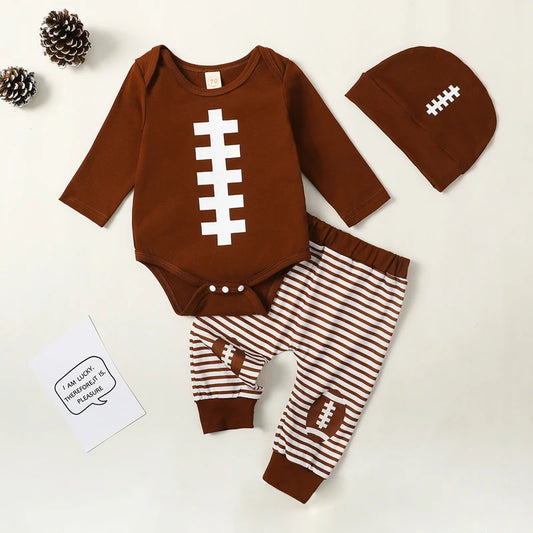 Baby Boy Girl Football Outfit Long Sleeve Sweatshirt Romper Rugby Stripe Elastic Pants 3PCS Clothes