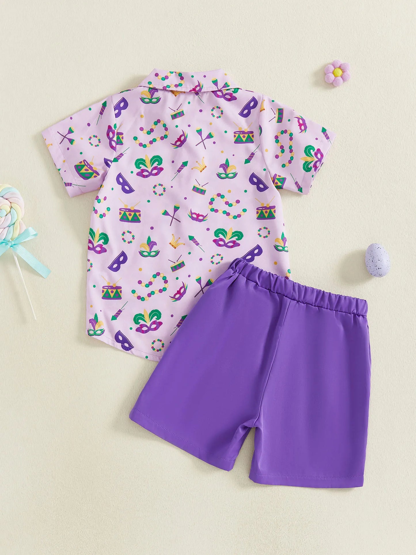 Toddler Little Boy Mardi Gras Outfit Printed Short Sleeve Button-up Shirt and Solid Elastic Waist Shorts 2 Piece Set