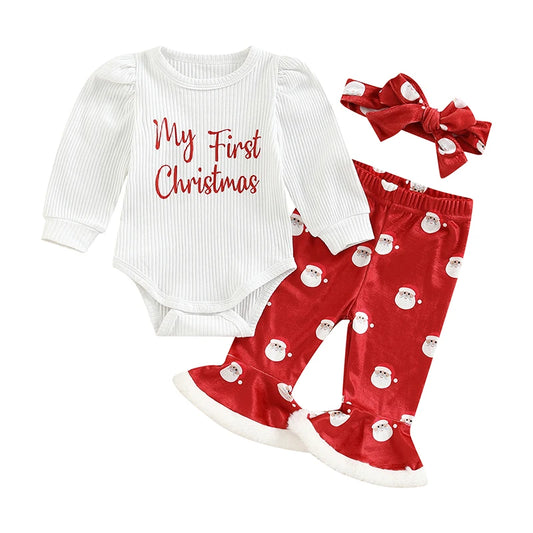 Baby Girls Christmas Outftit Long Sleeve Letters Print Santa Claus Print Flare Pants Headband