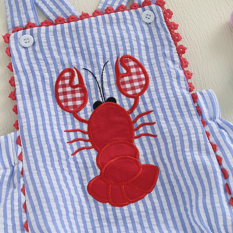 Toddler Baby Boys Summer Overalls Casual Lobster Embroidery Striped Print Sleeveless Jumpsuit Cute Clothes