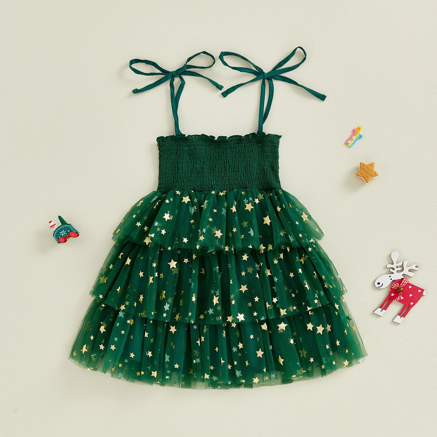Toddler Girl Christmas A Line Dress Star Print Sleeveless Tie-up Strap Smocked Tulle Cake Dress