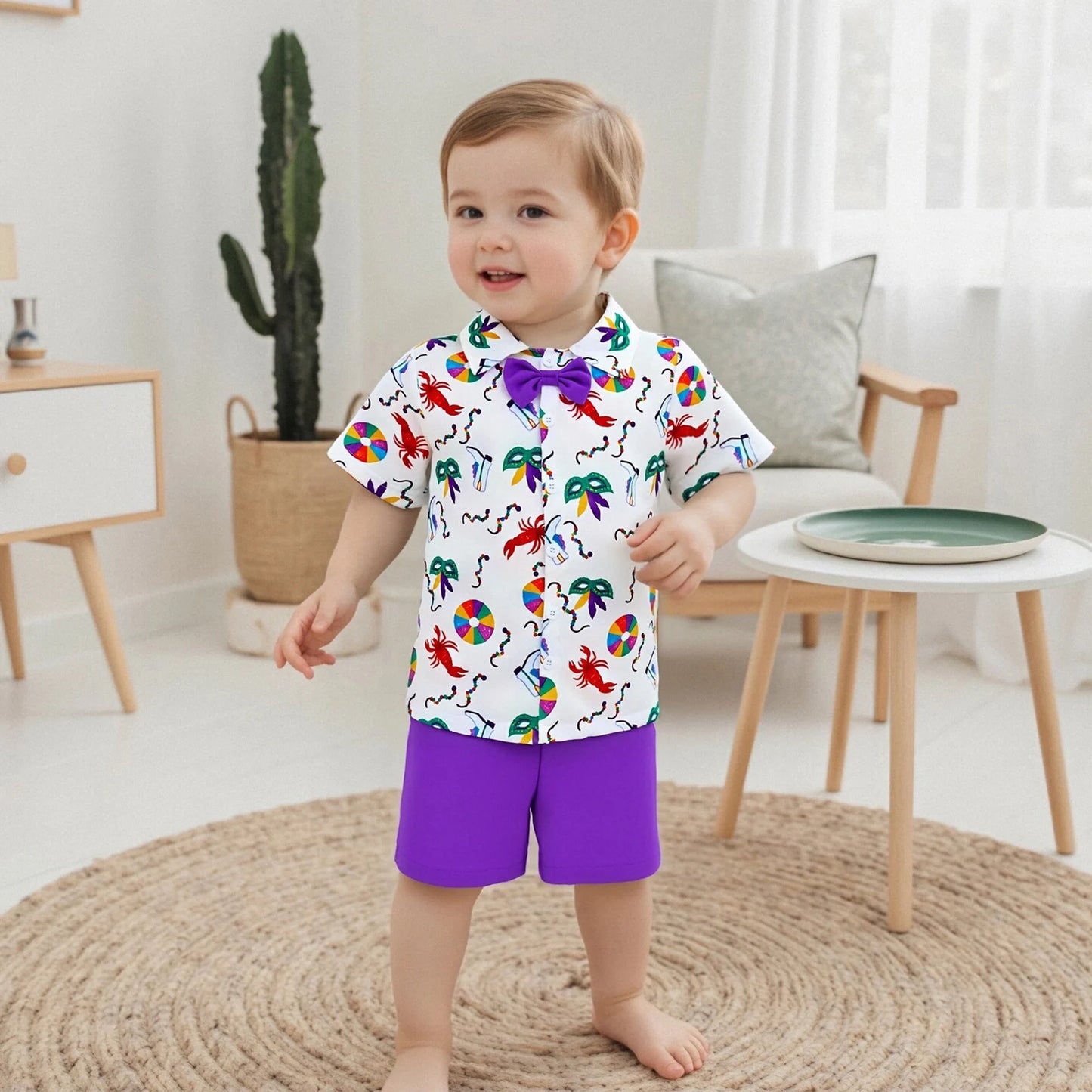 Toddler Boy Mardi Gras Outfit Facewear Print Short Sleeve Bowtie Shirt Solid Elastic Waist Shorts 2 Piece Gentleman Set