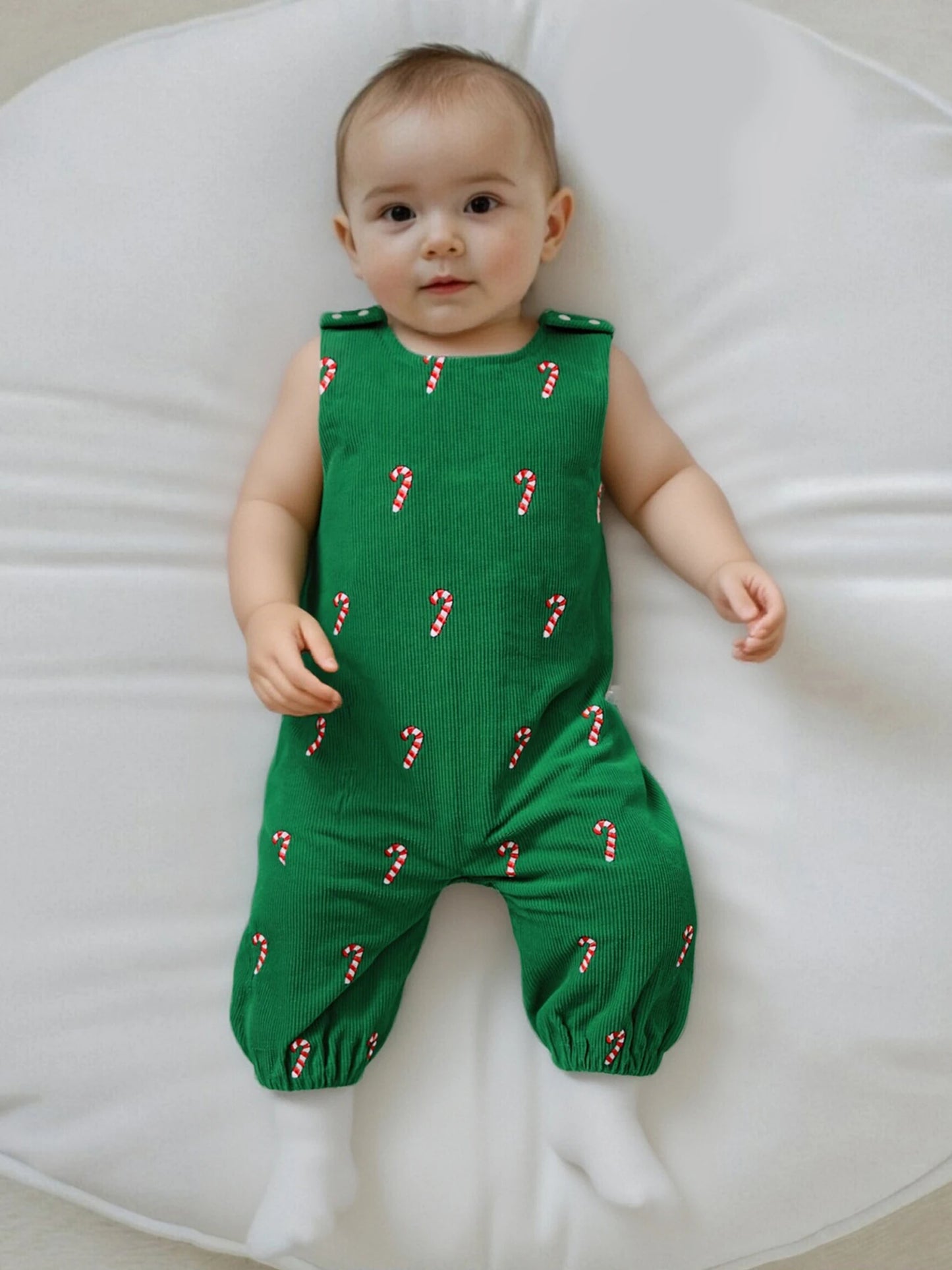 Boys Girls Christmas Romper Sleeveless Round Neck Candy Cane Embroidery Jumpsuit