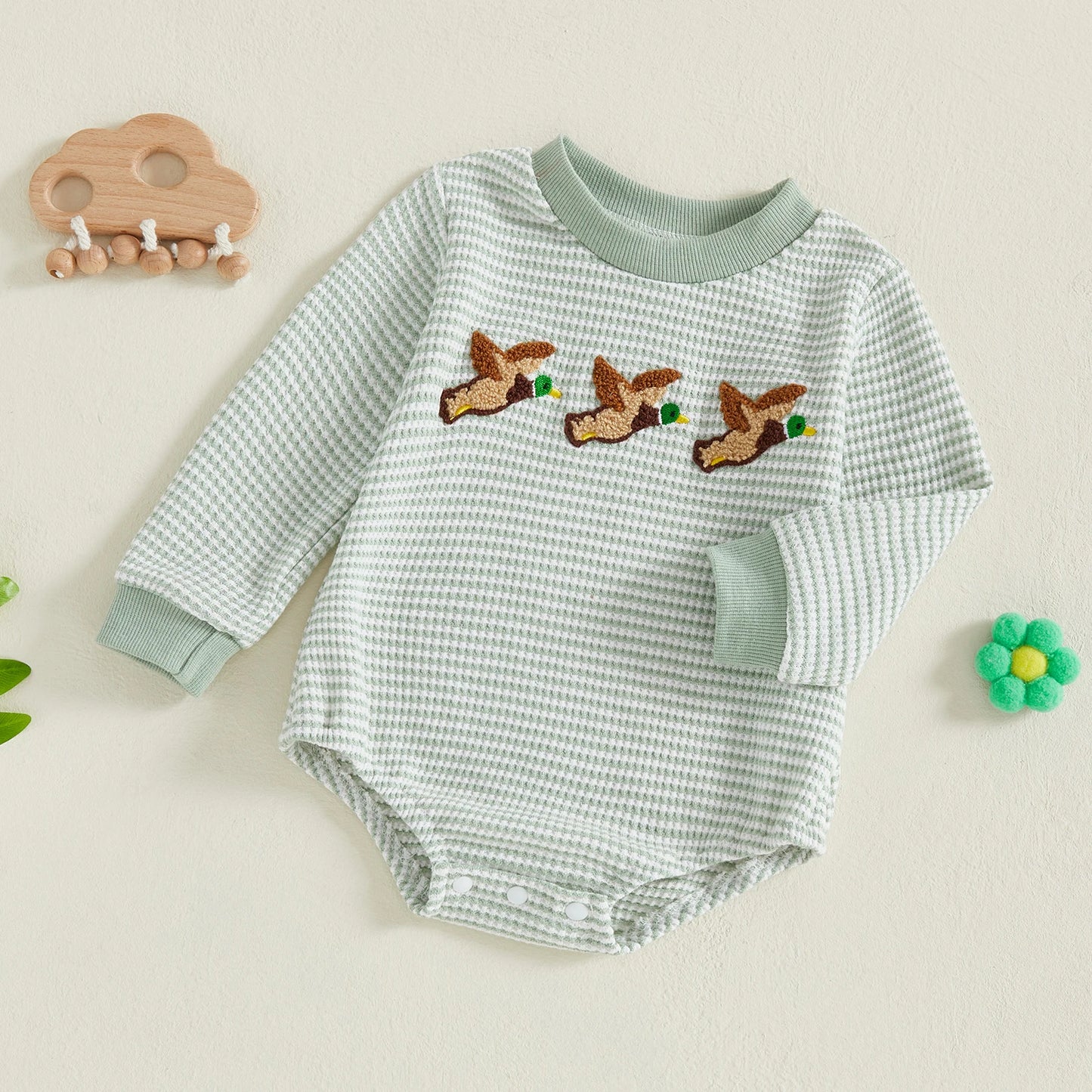 Newborn Baby Boy Romper Long Sleeve Round Neck Duck Embroidery Bodysuit Fall Playsuit