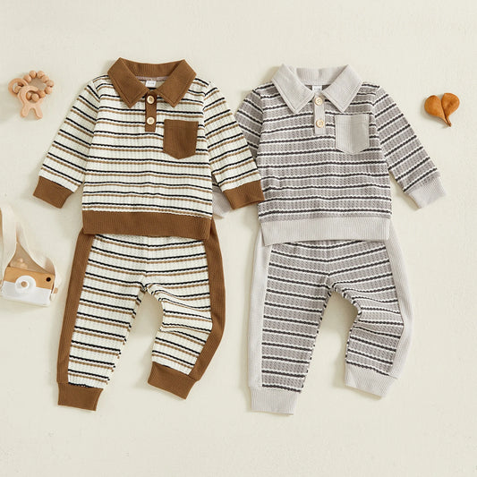 Toddler Boy Fall Outfits Stripe Long Sleeve Lapel Button Pullover + Elastic Waist Pants 2Pcs Set