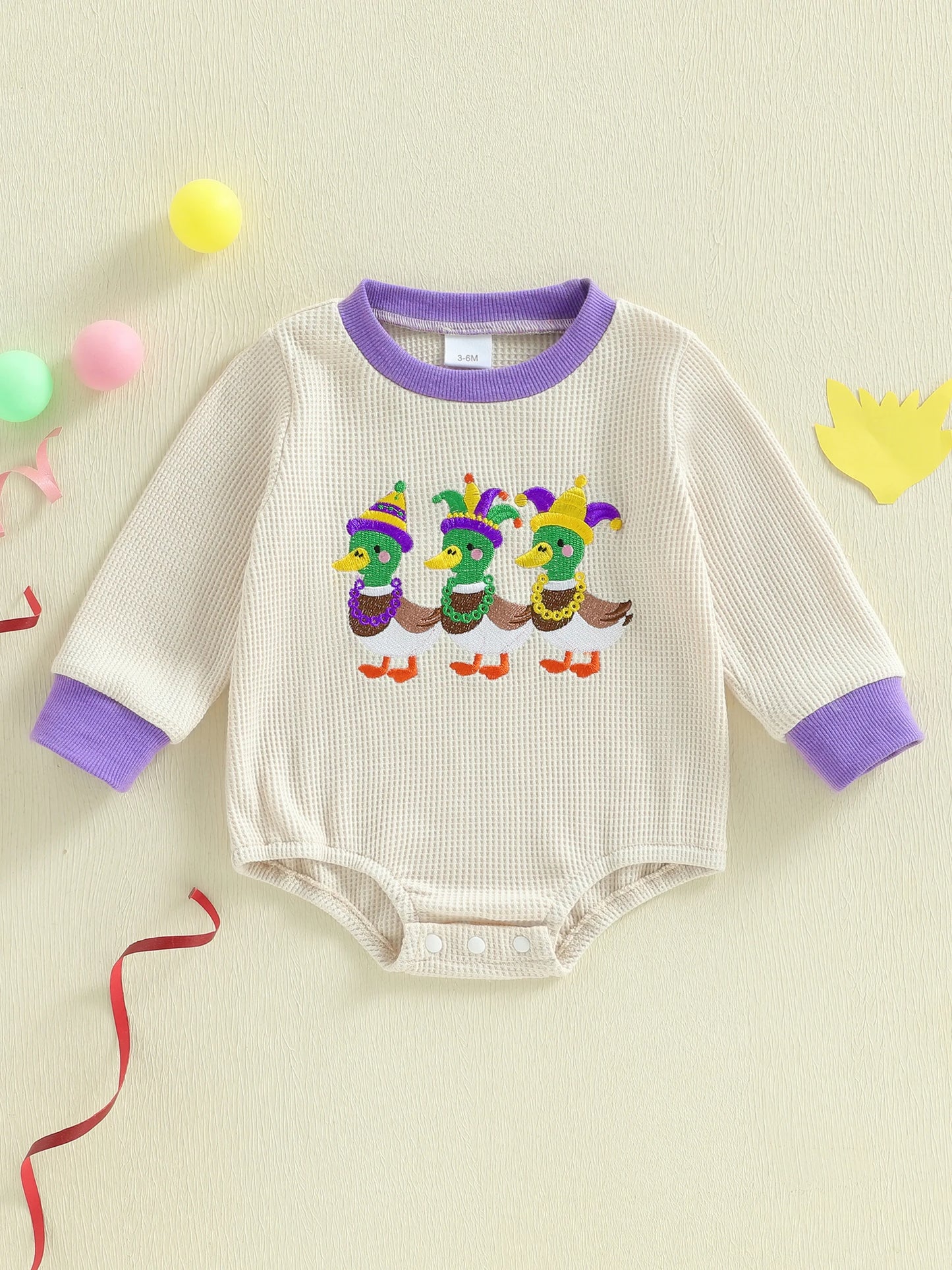 Embroidery Mardi Gras jumpsuit Infant Long Sleeve Crewneck Duck Embroidery Mardi Gras Romper