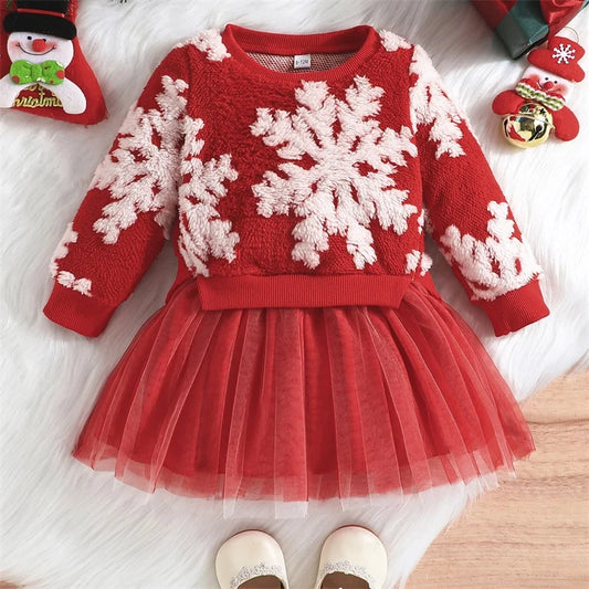 Christmas Tulle Dress Long Sleeve Round Neck Patchwork Party Dress Toddler Sweatshirt Dress
