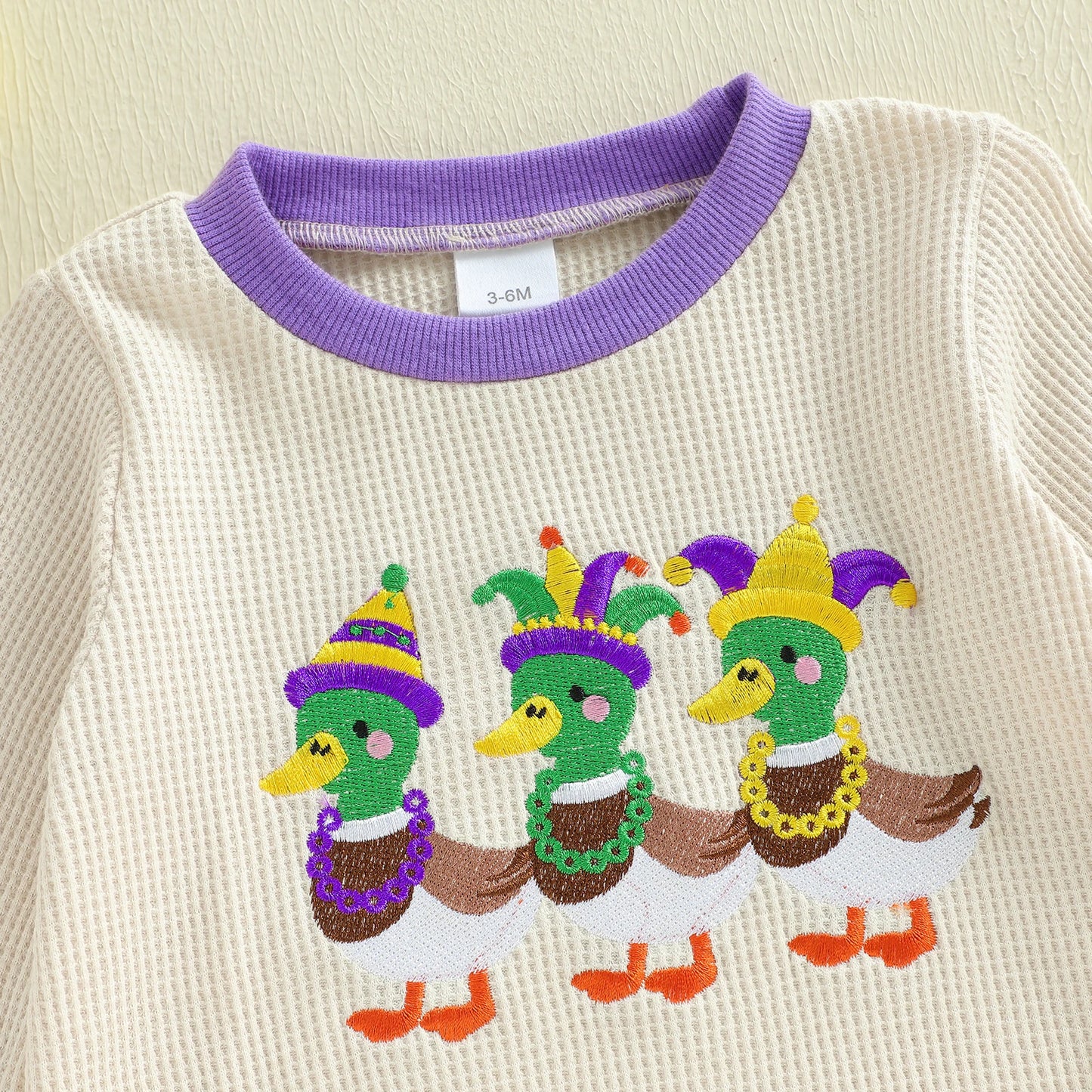 Embroidery Mardi Gras jumpsuit Infant Long Sleeve Crewneck Duck Embroidery Mardi Gras Romper