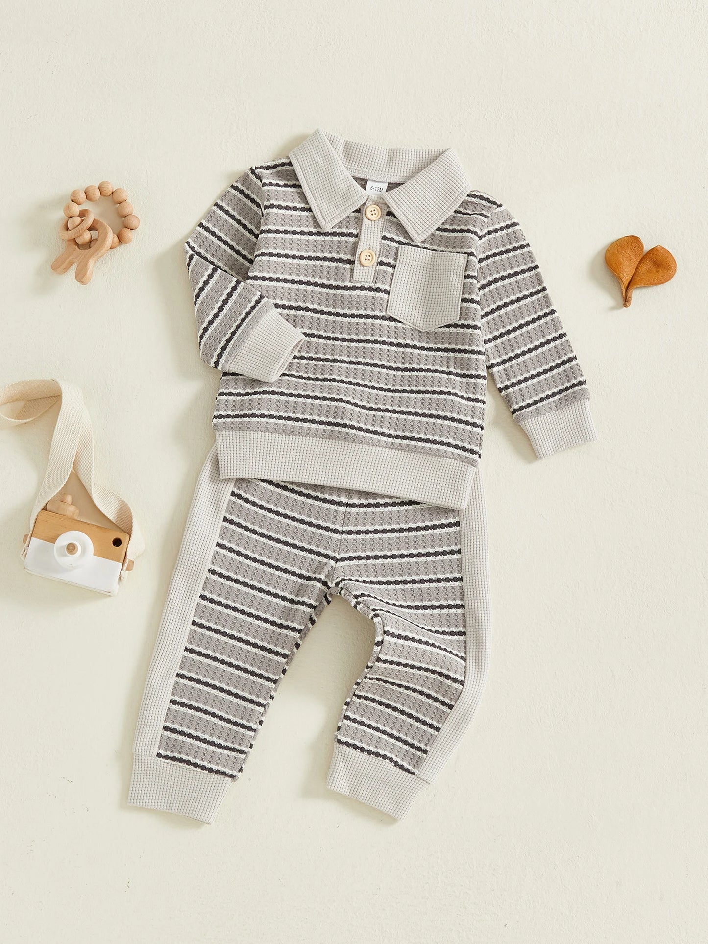 Toddler Boy Fall Outfits Stripe Long Sleeve Lapel Button Pullover + Elastic Waist Pants 2Pcs Set