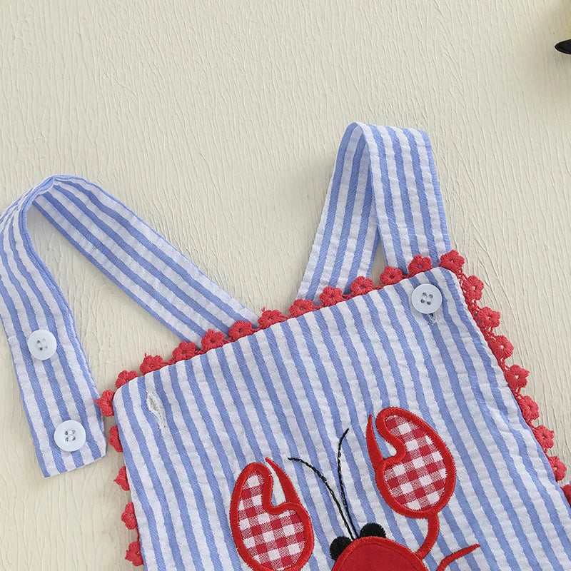 Toddler Baby Boys Summer Overalls Casual Lobster Embroidery Striped Print Sleeveless Jumpsuit Cute Clothes