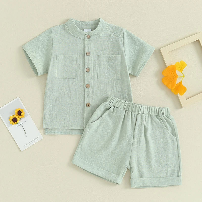 Kids Boys Summer Linen Outfits Solid Color Buttons Short Sleeve Tops and Elastic Waist Shorts 2Pcs Clothes Set