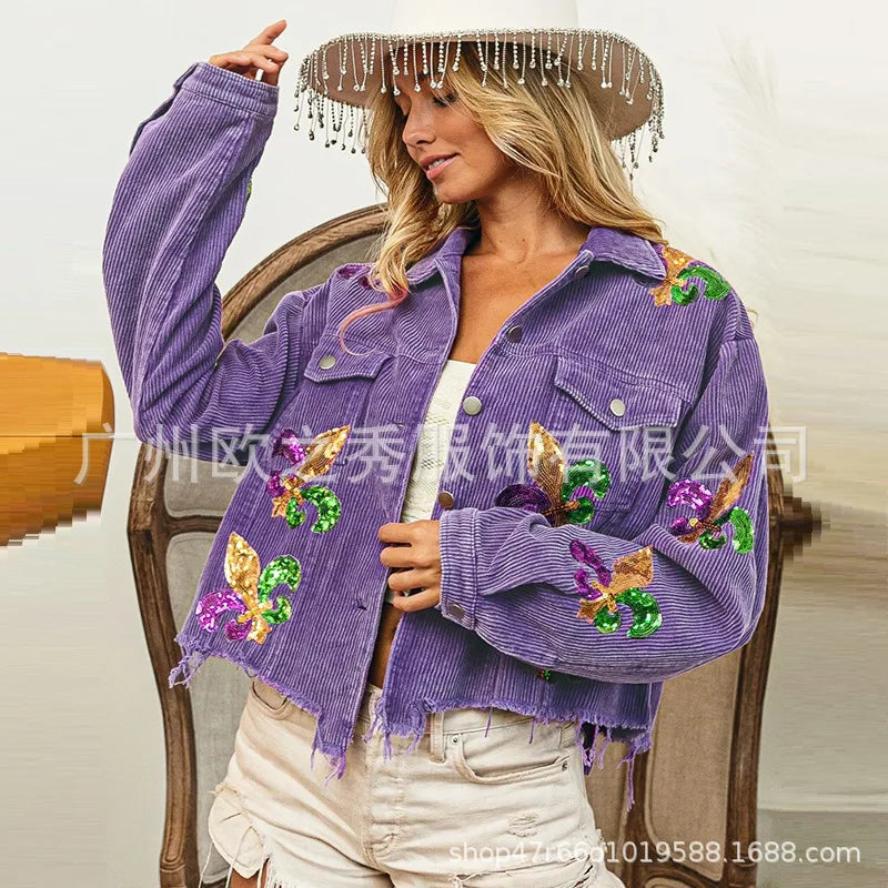 Corduroy Women Mardi Gras Jacket Iris Glitter Cardigan Purple Lapels Single Breasted Spliced Women's Coat Jackets