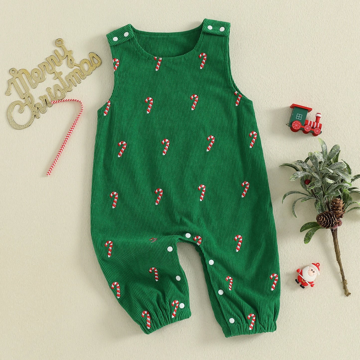 Boys Girls Christmas Romper Sleeveless Round Neck Candy Cane Embroidery Jumpsuit
