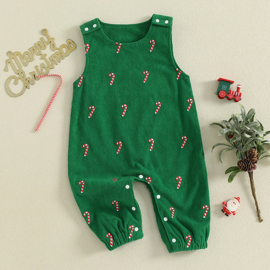 Boys Girls Christmas Romper Sleeveless Round Neck Candy Cane Embroidery Jumpsuit