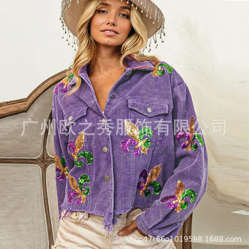 Corduroy Women Mardi Gras Jacket Iris Glitter Cardigan Purple Lapels Single Breasted Spliced Women's Coat Jackets