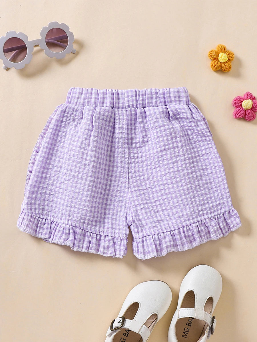 Girl Summer Shorts Plaid Pattern Lotus Edge Cute Casual Fashion Comfortable Soft Shorts