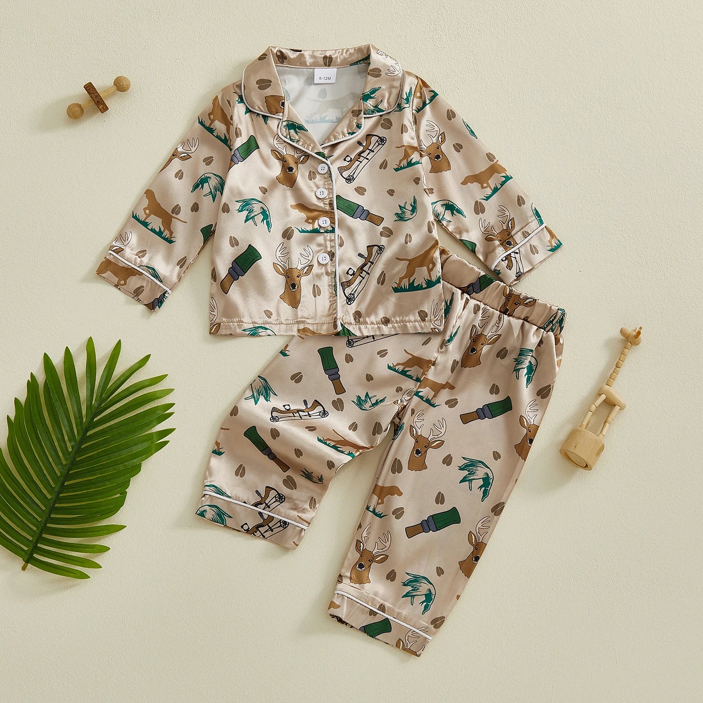 2Pcs Hunting Pajamas Sets for Toddler Boy Long Sleeve Button Down Lapel V Neck Tops with Elastic Waist Pants Nightwear