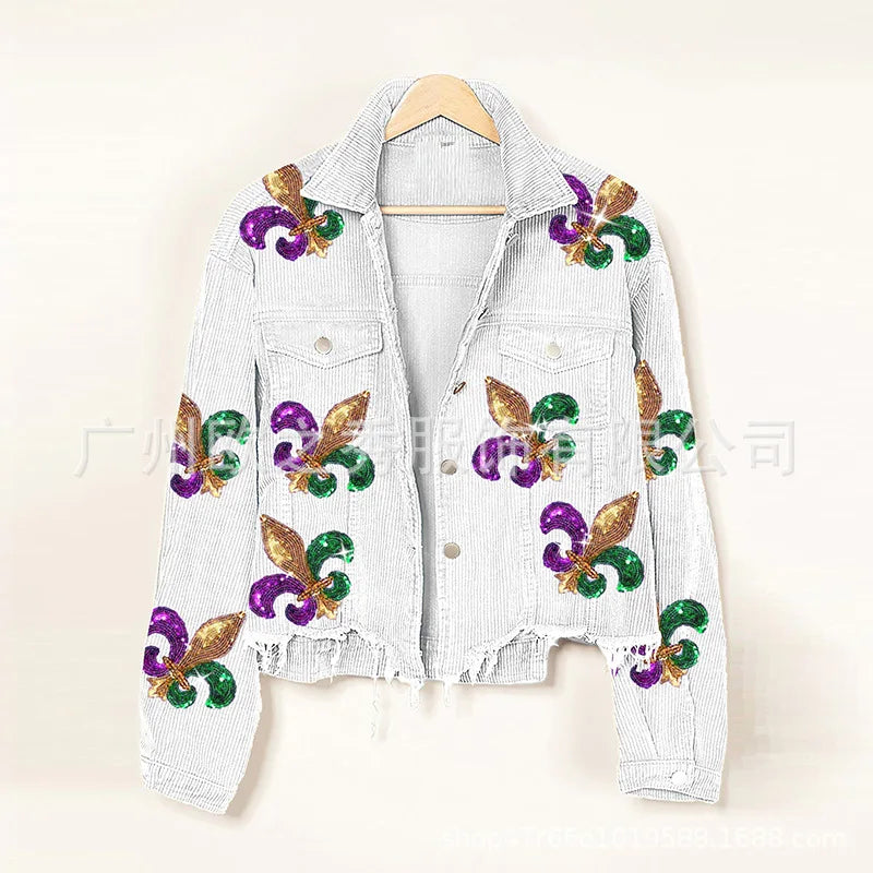 Corduroy Women Mardi Gras Jacket Iris Glitter Cardigan Purple Lapels Single Breasted Spliced Women's Coat Jackets