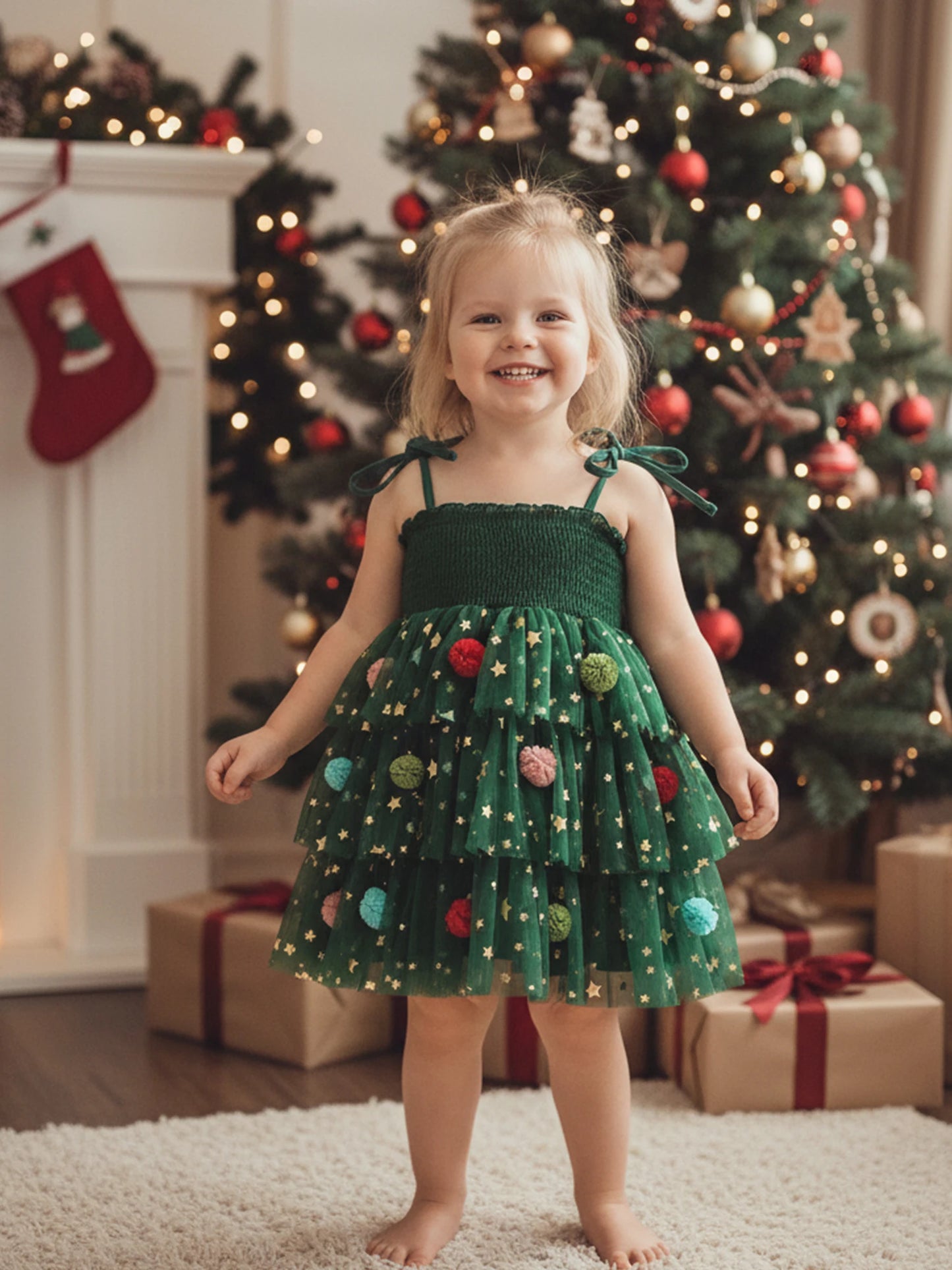 Toddler Girl Christmas A Line Dress Star Print Sleeveless Tie-up Strap Smocked Tulle Cake Dress