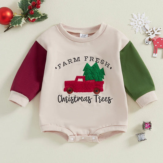 Baby Boys Christmas Jumpsuit Long Sleeve Crewneck Christmas Tree Truck Embroidery Sweatshirt Romper