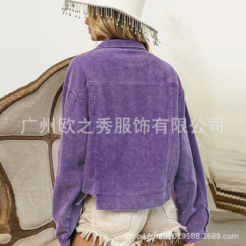 Corduroy Women Mardi Gras Jacket Iris Glitter Cardigan Purple Lapels Single Breasted Spliced Women's Coat Jackets