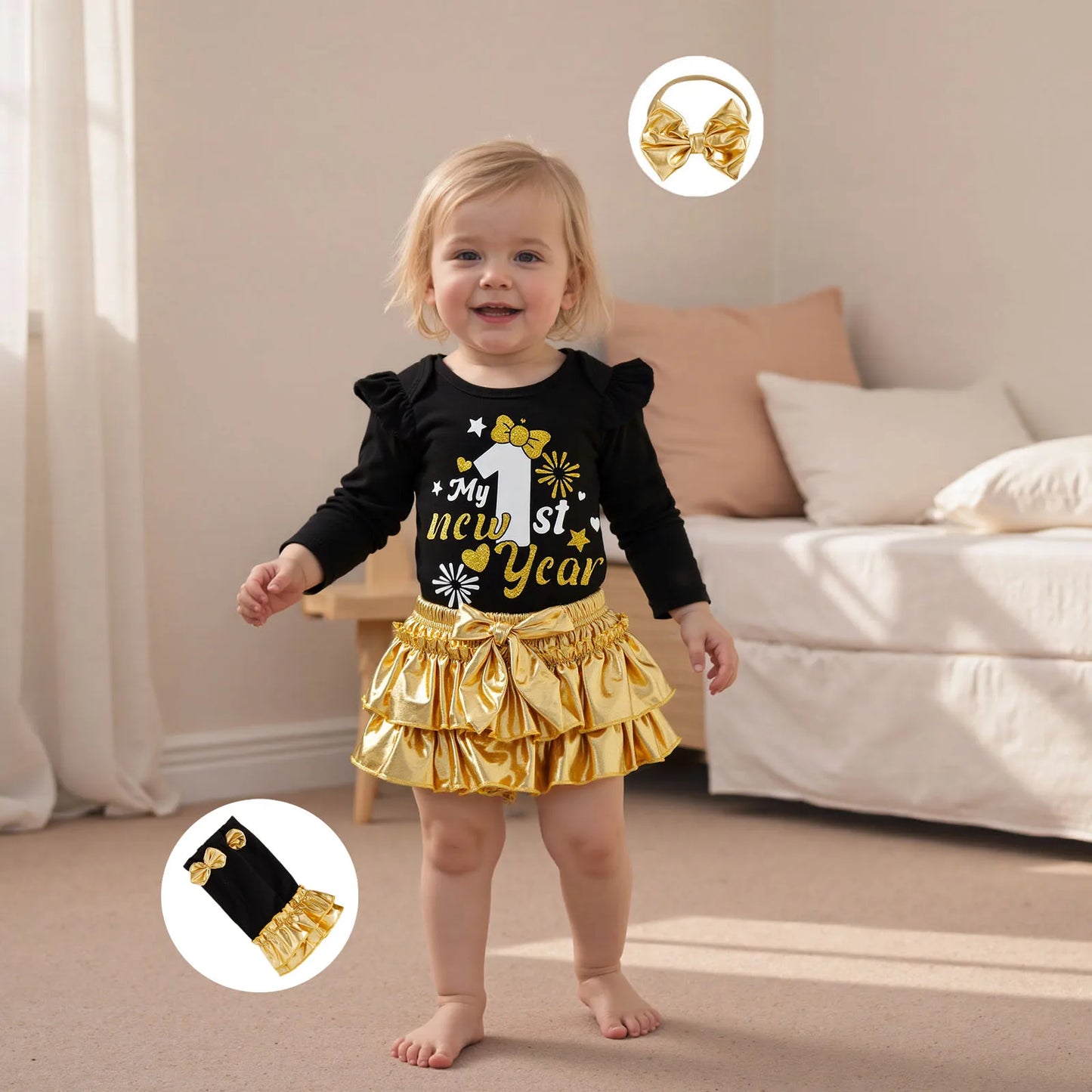 Baby Girl New Year Outfits Letter Long Sleeve Romper Metallic Luster Tiered Shorts Bow Headband Leg Warmer