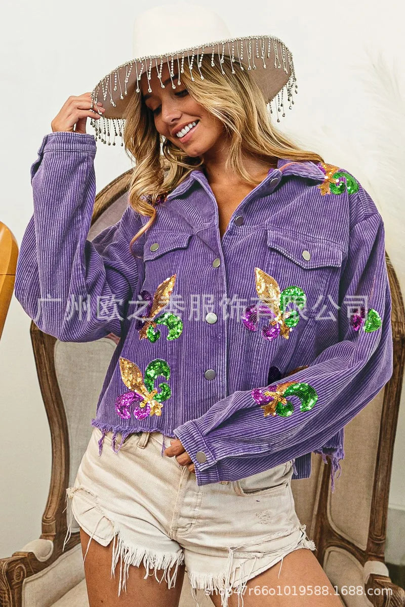 Corduroy Women Mardi Gras Jacket Iris Glitter Cardigan Purple Lapels Single Breasted Spliced Women's Coat Jackets