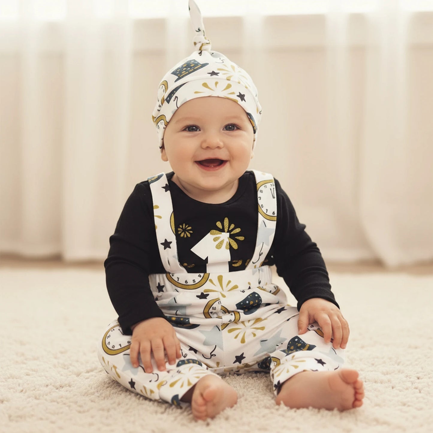 Baby Boy Outfit Long Sleeve Letters Print Romper with Firework Overall Pants and Hat New Year Infant Outfit