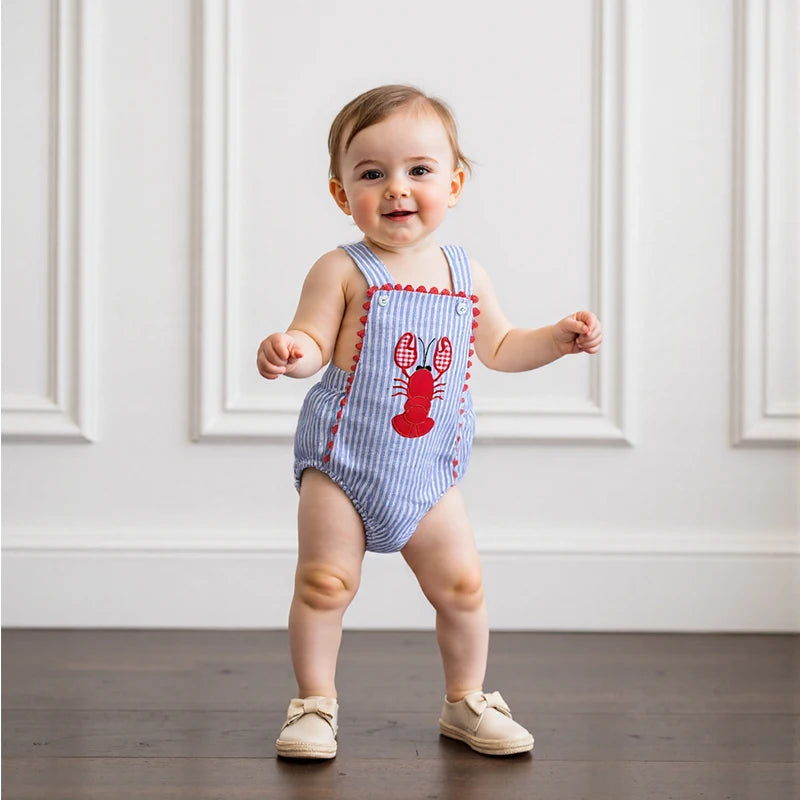 Toddler Baby Boys Summer Overalls Casual Lobster Embroidery Striped Print Sleeveless Jumpsuit Cute Clothes