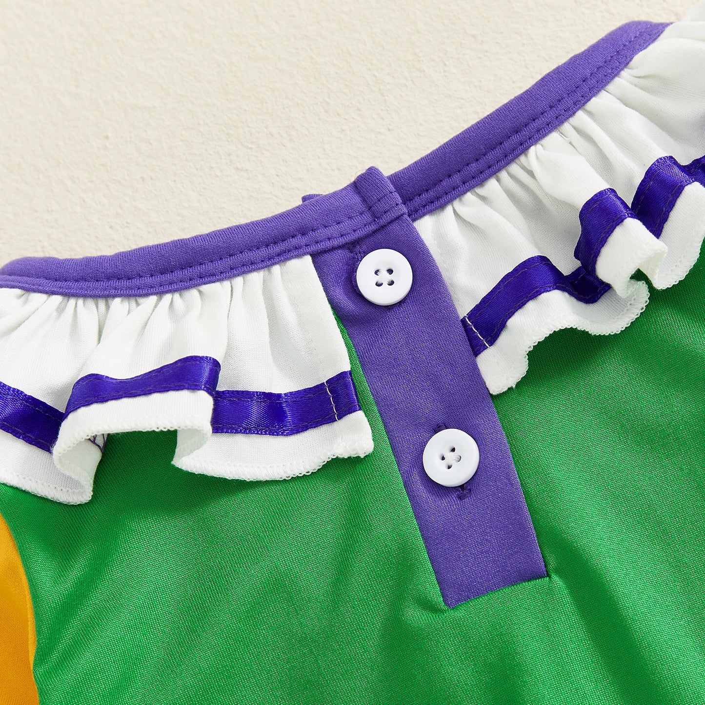 Mardi Gras Themed Romper Contrast Color Ruffled Neckline Long Sleeve Facewear Print Jumpsuit