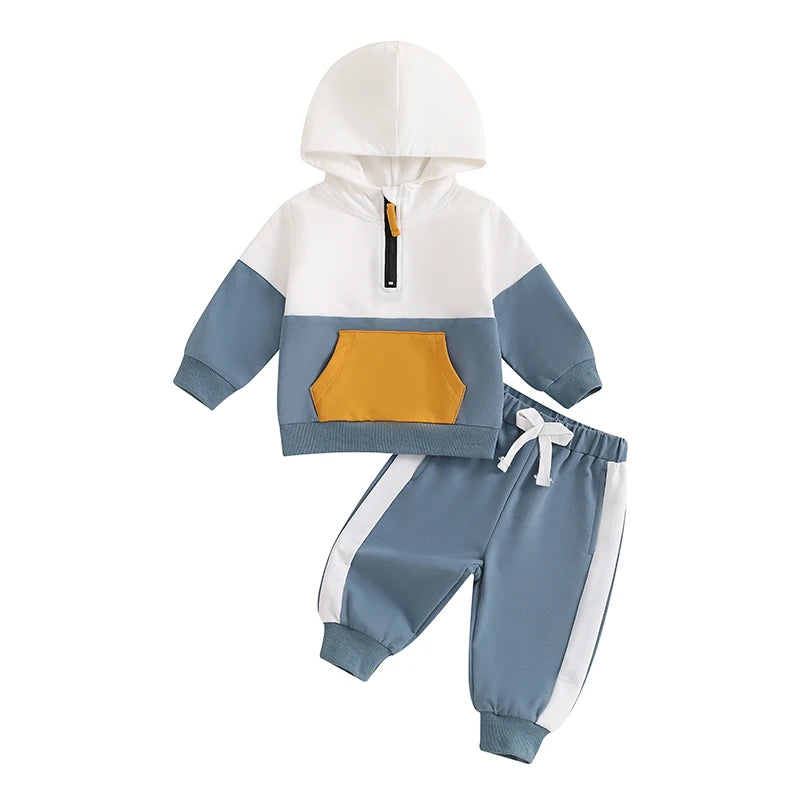 6m-3Y Baby Boy Fall Outfit Contrast Colors Long Sleeve Hoodie Sweatshirt and Elastic Pants 2 Piece Clothes for Toddler
