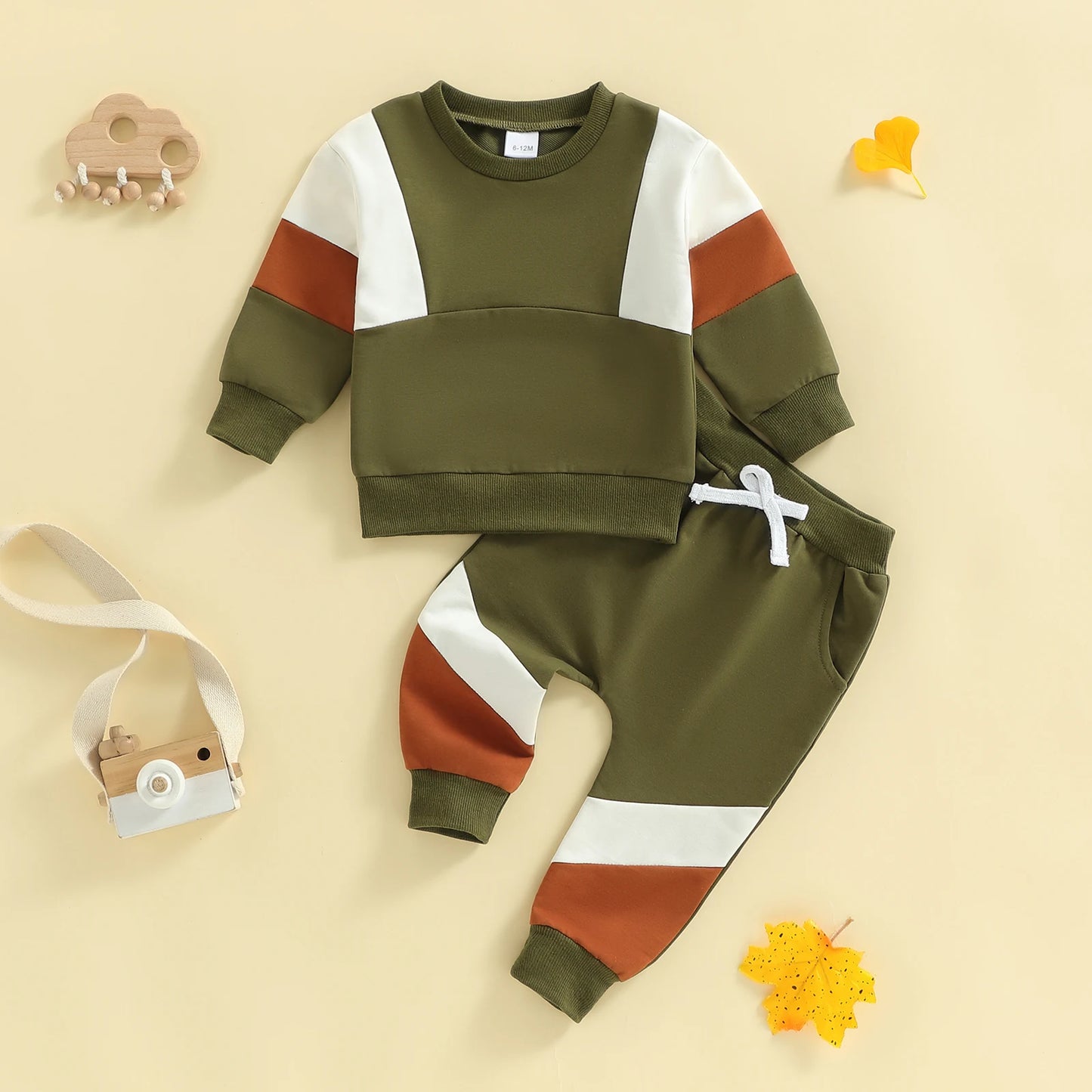 2Pcs Toddler Boy Fall Outfits Long Sleeve Crew Neck Patchwork Pullover Sweatshirt and Joggers Pants Set