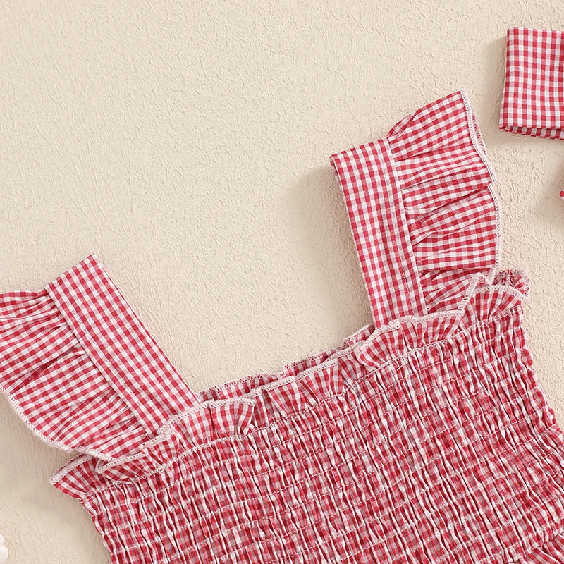 Baby Girl Plaid Romper Dress Strawberry Smocked Fly Sleeve Bodysuit with Headband 2Pcs Summer Outfit