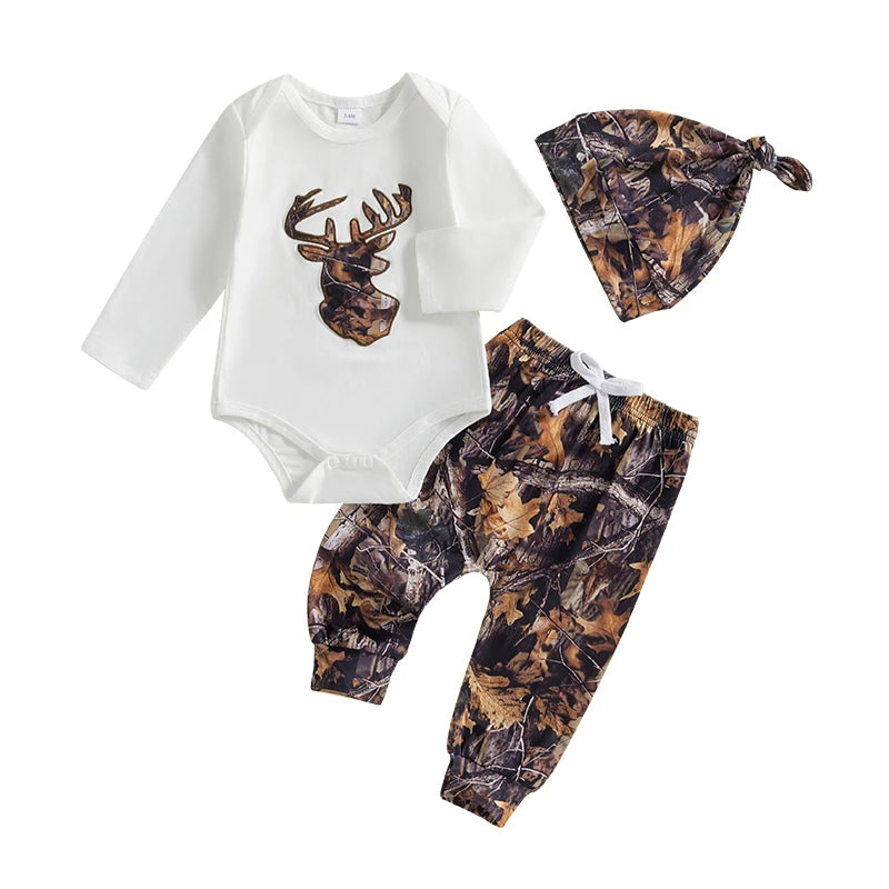 Baby Boys Clothes Set Long Sleeve Crew Neck Letters Print Romper with Cow Cactus Print Sweatpants and Hat Outfit