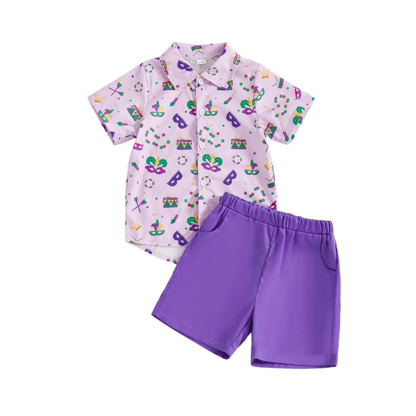 Toddler Little Boy Mardi Gras Outfit Printed Short Sleeve Button-up Shirt and Solid Elastic Waist Shorts 2 Piece Set