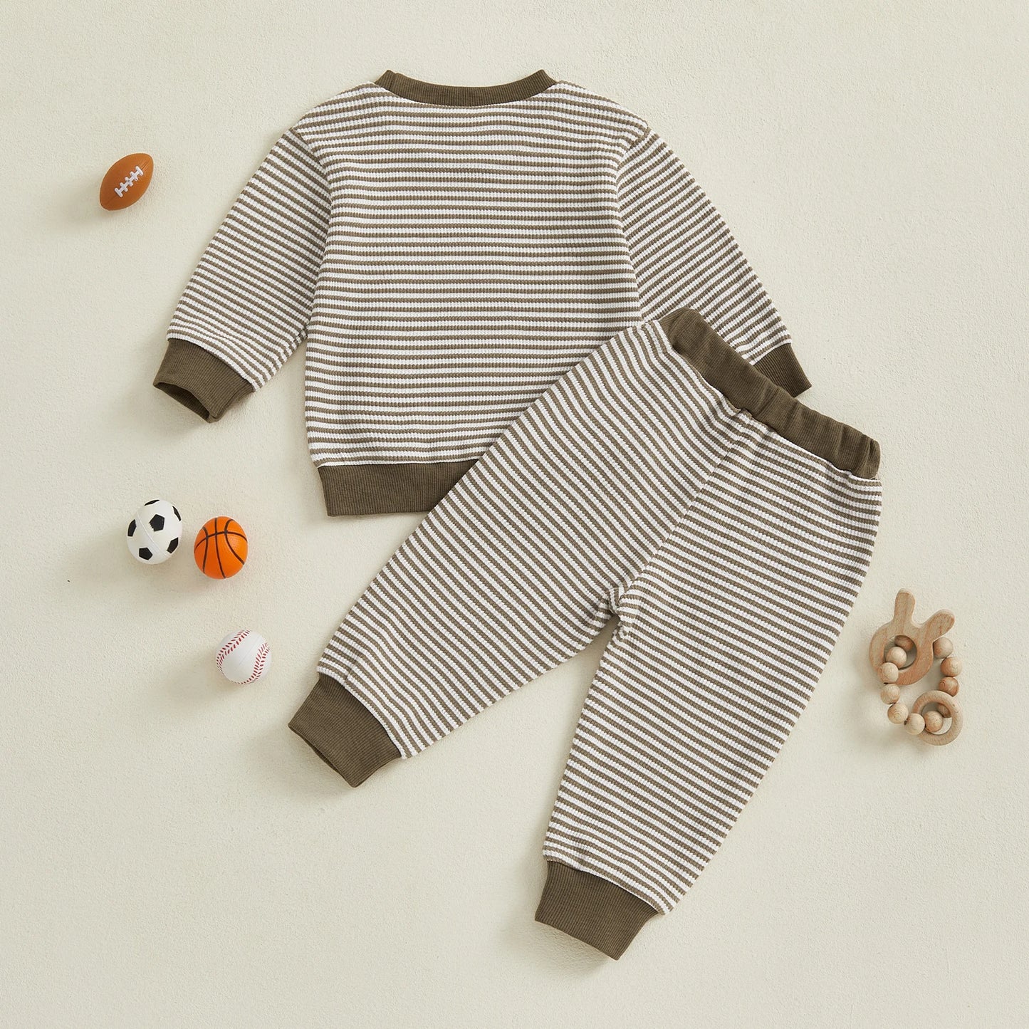 Lioraitiin Toddler Baby Boy Fall Outfit Rugby Embroidery Striped Long Sleeve Sweatshirt and Elastic Pants 2 Piece Clothes